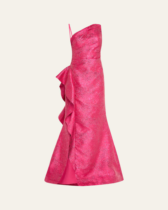 One-Shoulder Metallic Jacquard Trumpet Gown
